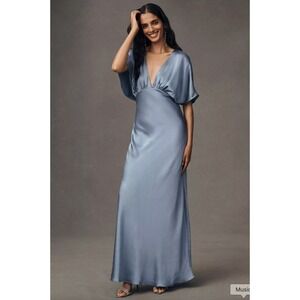 BHLDN Amelia Deep-V Flutter Sleeve Satin Gown Sz L Steel Blue Bridesmaid